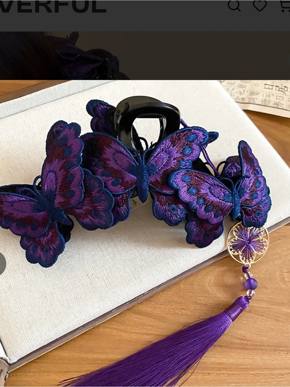 Purple Embroidered Butterfly Hair Claw Clip, Tassel Alloy Hollow Flower Pendant - Picture 2 of 5
